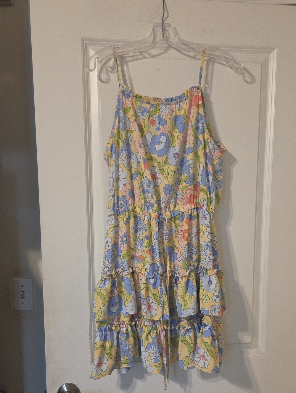 Bar III Yellow Floral Tiered Dress with Blue Accents